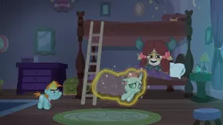 Size: 1920x1080 | Tagged: safe, derpibooru import, screencap, ocellus, snips, yona, changedling, changeling, pony, unicorn, yak, 2 4 6 greaaat, bedroom, blanket, bunk bed, colt, dorm, dresser, female, glowing horn, horn, ladder, magic, male, roommates, rug, school of friendship, stool, telekinesis, waking up, whistle, whistle necklace