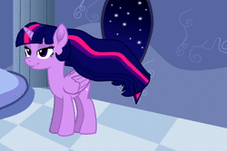 Size: 2000x1336 | Tagged: safe, alternate version, artist:theonewithoutaname, derpibooru import, twilight sparkle, twilight sparkle (alicorn), alicorn, pony, animated, commission, cute, ethereal mane, female, hilarious in hindsight, long mane, majestic as fuck, no sound, out of character, solo, tail, webm, wind, windswept mane, wings