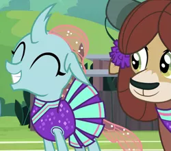 Size: 1203x1060 | Tagged: 2 4 6 greaaat, changedling, changeling, cheerleader, cheerleader ocellus, cheerleader outfit, cheerleader yona, clothes, cropped, cute, derpibooru import, diaocelles, eyes closed, female, happy, ocellus, proud, safe, screencap, smiling, yak, yona