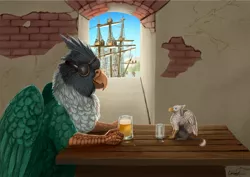 Size: 1280x905 | Tagged: safe, artist:rhaenjarr, derpibooru import, oc, oc:der, oc:lovebird mccaw, unofficial characters only, gryphon, alcohol, brick wall, drinking, duo, eyepatch, male, micro, ship, table