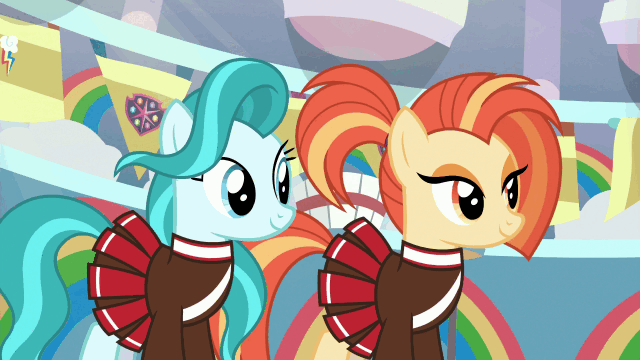 Size: 640x360 | Tagged: safe, derpibooru import, screencap, lighthoof, shimmy shake, earth pony, pony, 2 4 6 greaaat, animated, clothes, cute, duo, female, gif, mare, pleated skirt, ponytail, school of friendship, skirt