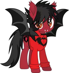 Size: 1230x1316 | Tagged: safe, artist:lightningbolt, derpibooru import, ponified, bat pony, pony, .svg available, bat wings, clandestine industries, clothes, ear fluff, fall out boy, fangs, hair over one eye, hoodie, looking at you, male, messy mane, messy tail, movie accurate, pete wentz, shirt, simple background, slit eyes, solo, spread wings, stallion, svg, transparent background, undershirt, vector, wings