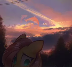 Size: 1602x1486 | Tagged: safe, artist:mirroredsea, derpibooru import, fluttershy, dolphin, pegasus, pony, sky whale, whale, crying, cute, female, floppy ears, mare, no pupils, sad, sadorable, scenery, shyabetes, solo, tree