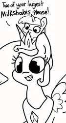 Size: 1104x2048 | Tagged: safe, artist:tjpones, derpibooru import, princess celestia, twilight sparkle, alicorn, pony, cute, cutelestia, dialogue, duo, female, filly, filly twilight sparkle, momlestia, monochrome, open mouth, pony hat, size difference, sketch, smol, twiabetes, younger