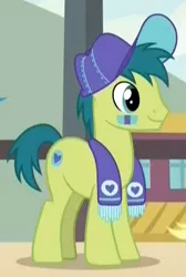 Size: 319x475 | Tagged: safe, derpibooru import, screencap, team spirit, earth pony, pony, common ground, background pony, baseball cap, cap, clothes, hat, male, scarf, solo, stallion