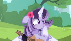 Size: 1329x774 | Tagged: safe, artist:sunrisesparksyt, derpibooru import, oc, oc:moon storm, unofficial characters only, alicorn, pony, alicorn oc, base used, female, flower, flower in hair, guitar, horn, magical lesbian spawn, mare, musical instrument, offspring, parent:princess luna, parent:twilight sparkle, parents:twiluna, solo, wings