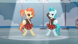 Size: 1360x765 | Tagged: safe, derpibooru import, screencap, lighthoof, shimmy shake, earth pony, pony, 2 4 6 greaaat, bedroom eyes, bipedal, cheerleader, cheerleader outfit, clothes, female, grin, lidded eyes, looking at you, mare, pleated skirt, pointing, pointing at you, ponytail, skirt, smiling