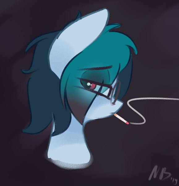 Size: 1168x1210 | Tagged: safe, artist:nevobaster, derpibooru import, oc, oc:delta vee, pegasus, pony, abstract background, black background, bust, depressed, eye clipping through hair, female, head only, mare, portrait, simple background, smoking, solo