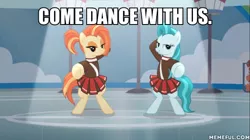 Size: 600x337 | Tagged: safe, derpibooru import, edit, edited screencap, screencap, lighthoof, shimmy shake, pony, 2 4 6 greaaat, cheerleader, cheerleader outfit, clothes, dance floor, inviting, movie reference, standing, the shining