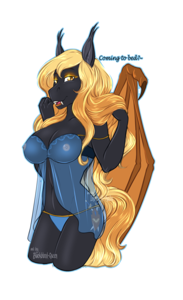 Size: 1512x2472 | Tagged: questionable, artist:blackblood-queen, derpibooru import, oc, oc:regina liliac, unofficial characters only, anthro, bat pony, unguligrade anthro, anthro oc, babydoll, bat pony oc, bat wings, breasts, clothes, commission, dialogue, fangs, negligee, nightgown, nipples, nudity, panties, see-through, simple background, transparent background, underwear, wings
