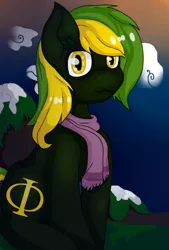 Size: 374x552 | Tagged: safe, artist:mootsarts, derpibooru import, oc, oc:vermont black, earth pony, pony, clothes, cloud, gradient background, looking at you, male, mountain, phi, scarf, sittin, snow, solo, stallion