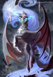 Size: 1015x1476 | Tagged: safe, artist:begasus, derpibooru import, nightmare moon, alicorn, pony, female, flying, glowing horn, horn, hybrid wings, magic, magic aura, mare, slit eyes, slit pupils, solo, spread wings, wings