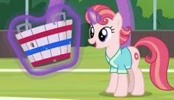 Size: 1177x678 | Tagged: safe, derpibooru import, screencap, cinnamon twist, pony, unicorn, 2 4 6 greaaat, basket, buckball court, buckball uniform, buckbasket, bushel basket, clothes, female, glowing horn, horn, magic, magic aura, mare, shirt, smiling, solo, telekinesis