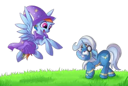 Size: 4000x2700 | Tagged: safe, alternate version, artist:autumnvoyage, artist:lordvaltasar, derpibooru import, rainbow dash, trixie, pony, cape, clothes, clothes swap, collaboration, cute, dashabetes, duo, flying, goggles, grass, hat, looking at each other, scowl, simple background, spread wings, transparent background, trixie is not amused, trixie's cape, trixie's hat, unamused, uniform, wings, wonderbolts uniform