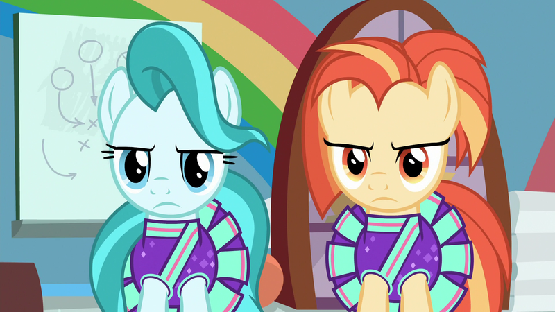 Size: 1920x1080 | Tagged: safe, derpibooru import, screencap, lighthoof, shimmy shake, earth pony, pony, 2 4 6 greaaat, cheerleader, duo, female, glare, mare, unamused