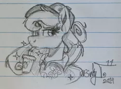 Size: 2144x1571 | Tagged: safe, artist:binkyt11, derpibooru import, princess luna, alicorn, pony, alternate hairstyle, bendy straw, bust, casual, drink, drinking straw, female, hat, lined paper, mare, messy mane, missing horn, monochrome, raised eyebrow, solo, traditional art, unamused