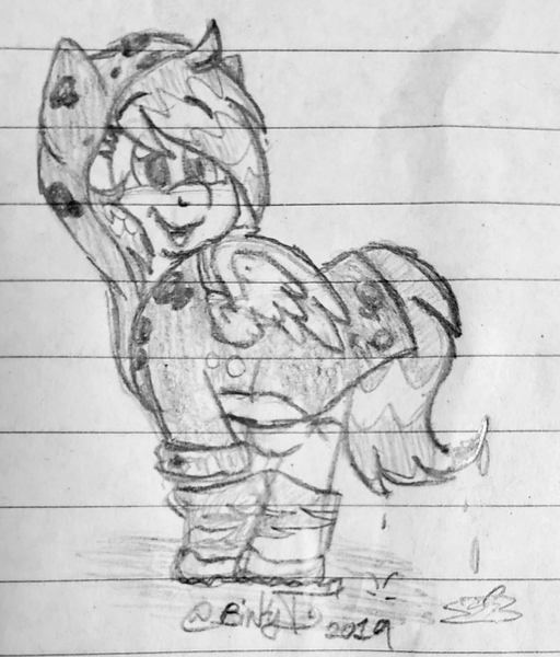 Size: 1935x2266 | Tagged: safe, artist:binkyt11, derpibooru import, derpy hooves, pegasus, pony, clothes, cosplay, costume, female, globox, lined paper, mare, monochrome, raincoat, rayman, solo, traditional art, wet, wet mane