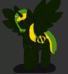 Size: 574x626 | Tagged: safe, derpibooru import, oc, oc:vermont black, alicorn, pony, clothes, eyes closed, joke, male, phi, raised hoof, scarf, scarfless monty, simple background, solo, spread wings, stallion, wings