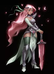 Size: 900x1242 | Tagged: armor, artist:maaronn, black background, butterfly, clothes, derpibooru import, description at source, description is relevant, elf, elf ears, fantasy class, fluttershy, high heels, human, humanized, safe, shoes, simple background, solo, sword, weapon, windswept hair