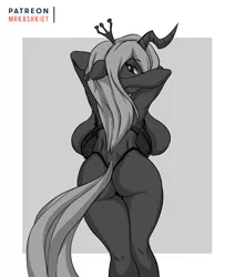 Size: 2293x2705 | Tagged: suggestive, artist:mrkashkiet, derpibooru import, queen chrysalis, anthro, changeling, arm behind head, ass, big breasts, bra, breasts, bugbutt, busty queen chrysalis, butt, clothes, female, grayscale, lingerie, looking back, monochrome, panties, rearboob, rear view, reversalis, solo, solo female, thong, underwear