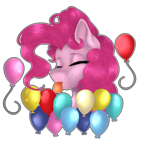 Size: 3332x3429 | Tagged: safe, artist:norrixcurral08, derpibooru import, part of a set, pinkie pie, pony, :p, balloon, bust, cute, diapinkes, eyes closed, portrait, signature, simple background, smiling, solo, tongue out, transparent background