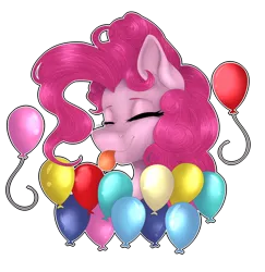 Size: 3332x3429 | Tagged: safe, artist:norrixcurral08, derpibooru import, part of a set, pinkie pie, pony, :p, balloon, bust, cute, diapinkes, eyes closed, portrait, signature, simple background, smiling, solo, tongue out, transparent background