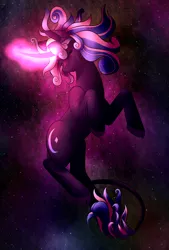 Size: 1326x1960 | Tagged: safe, artist:wixi2000, derpibooru import, oc, oc:diamond dust, unofficial characters only, pony, unicorn, body markings, cloven hooves, contest entry, curved horn, cutie mark, eyes closed, female, glowing horn, horn, leonine tail, mare, smiling, solo, space, stars, windswept mane