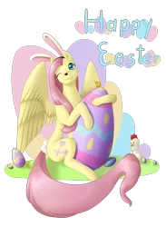 Size: 2675x3649 | Tagged: safe, artist:wixi2000, derpibooru import, angel bunny, fluttershy, bird, chicken, pegasus, pony, rabbit, angel bunny is unamused, animal, bunny ears, chick, clothes, costume, cute, cutie mark, easter, easter egg, female, floppy ears, holiday, looking at you, male, mare, one eye closed, simple background, sitting, spread wings, transparent background, unamused, wings