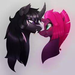 Size: 2480x2474 | Tagged: safe, artist:wixi2000, derpibooru import, fizzlepop berrytwist, tempest shadow, oc, oc:dark, original species, pony, alternate hairstyle, blushing, blushing profusely, broken horn, bust, canon x oc, coat markings, commission, curved horn, fangs, female, gray background, heart, horn, looking at each other, male, mare, profile, scrunchy face, simple background, smiling, stallion, straight