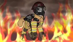 Size: 5760x3300 | Tagged: safe, artist:xeirla, derpibooru import, oc, oc:rough seas, earth pony, pony, boots, clothes, fire, firefighter, firefighter helmet, helmet, mask, shoes, smoke