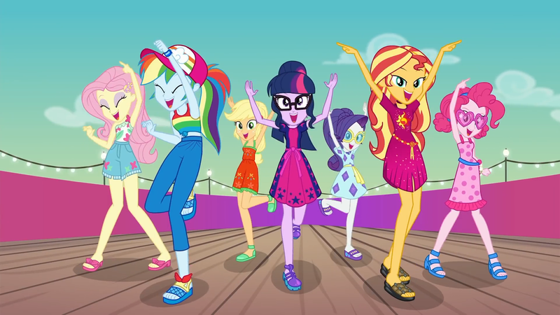 Size: 1920x1080 | Tagged: safe, derpibooru import, screencap, applejack, fluttershy, pinkie pie, rainbow dash, rarity, sci-twi, sunset shimmer, twilight sparkle, equestria girls, equestria girls series, i'm on a yacht, spoiler:eqg series (season 2), arms in the air, baseball cap, cap, dancing, geode of empathy, geode of fauna, glasses, hands in the air, happy, hat, heart glasses, humane five, humane seven, humane six, legs, looking at you, magical geodes, sandals, sleeveless, smiling, sunglasses