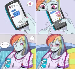 Size: 2048x1873 | Tagged: safe, artist:phattaraphorn_1, artist:tar, derpibooru import, pinkie pie, rainbow dash, equestria girls, bed, blushing, chat, clothes, comic, confused, delayed reaction, female, heart, lesbian, looking at you, mobile phone, phone, pillow, pinkiedash, shipping, shirt, smiling, t-shirt, text