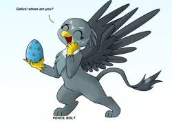 Size: 2432x1752 | Tagged: safe, artist:pencil bolt, derpibooru import, gabby, gryphon, bipedal, egg, eyes closed, female, griffon egg, hand, implied gabbus, implied gallus, implied shipping, implied straight, male, parent:gabby, parent:gallus, parents:gabbus, simple background, smiling, solo, standing, white background, wings