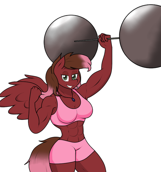 Size: 779x831 | Tagged: abs, anthro, anthro oc, armpits, artist:matchstickman, barbell, biceps, breasts, clothes, derpibooru import, female, flexing, jewelry, looking at you, mare, muscles, necklace, oc, oc:masquerade, pegasus, safe, simple background, solo, strong, unofficial characters only, weight lifting, white background