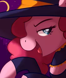 Size: 2200x2600 | Tagged: safe, artist:mazzianz, derpibooru import, pinkie pie, pony, clothes, collar, costume, crescent moon, female, halloween, halloween costume, hat, holiday, lidded eyes, mare, moon, night, open mouth, profile, solo, stars, witch, witch hat