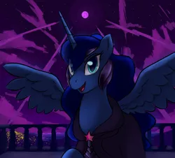 Size: 3012x2725 | Tagged: safe, artist:mazzianz, derpibooru import, idw, princess luna, alicorn, pony, nightmare knights, spoiler:comic, armor, balcony, cloak, clothes, comic, costume, disguise, female, helmet, looking at you, mare, night, open mouth, raised hoof, solo, spread wings, starry night terror, stars, wings