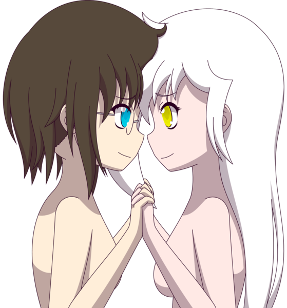 Size: 1350x1450 | Tagged: artist:zacatron94, breasts, derpibooru import, female, holding hands, human, humanized, looking at each other, male, nudity, oc, oc:blank novel, oc:captain white, oc x oc, questionable, shipping, simple background, straight, transparent background, whitenovel