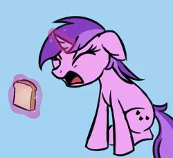 Size: 697x639 | Tagged: safe, artist:wenni, derpibooru import, amethyst star, pony, unicorn, amethyst yelling, angry, blue background, bread, eyes closed, female, floppy ears, food, frown, levitation, magic, magic aura, mare, open mouth, simple background, sitting, sliced bread, solo, telekinesis, wat, yelling, yelling at food