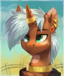 Size: 1737x2048 | Tagged: safe, artist:share dast, derpibooru import, oc, oc:firefly, unofficial characters only, pony, unicorn, bust, chest fluff, cloak, clothes, coat markings, collar, ear fluff, ear piercing, earring, horn, horn ring, jewelry, lidded eyes, male, mottled coat, piercing, ring, spots, stallion