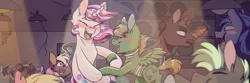 Size: 1500x500 | Tagged: safe, artist:glitterstar2000, derpibooru import, oc, oc:glimmerlight, oc:murky, unofficial characters only, pegasus, pony, unicorn, fallout equestria, fallout equestria: murky number seven, fanfic, alcohol, bandage, bar, barrel, blushing, bottle, cracks, dancing, ear fluff, facial hair, fanfic art, female, glowing horn, hoof hold, hooves, horn, levitation, light, magic, male, mare, moustache, mug, open mouth, spider web, stained glass, stallion, tankard, telekinesis