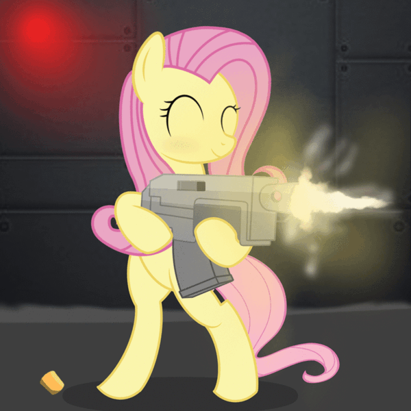 Size: 1000x1000 | Tagged: safe, artist:pizzamovies, derpibooru import, fluttershy, pony, animated, badass, bipedal, blushing, bolter, bullet casing, eyes closed, face of mercy, female, flutterbadass, gif, gun, hoof hold, mare, muzzle flash, ponies with guns, purge, shooting, smiling, solo, this will end in death, this will end in tears, this will end in tears and/or death, warhammer (game), warhammer 40k, weapon, who needs trigger fingers