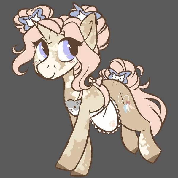 Size: 800x800 | Tagged: safe, artist:crimmharmony, derpibooru import, oc, oc:cat scratch, unofficial characters only, cat, unicorn, apron, blushing, bow, clothes, female, gray background, hair bow, looking back, mare, mottled coat, simple background, solo, tail bow, walking
