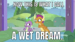 Size: 637x362 | Tagged: a rockhoof and a hard place, caption, confused, crossed arms, cum, derpibooru import, discovery family logo, dragon, dragoness, duo, edit, edited screencap, editor:undeadponysoldier, female, image macro, i see what you did there, literal, looking at each other, male, mature humor, meme, open mouth, pun, screencap, sleeping, smolder, spike, suggestive, text, wet, wet dream, wet spike, winged spike