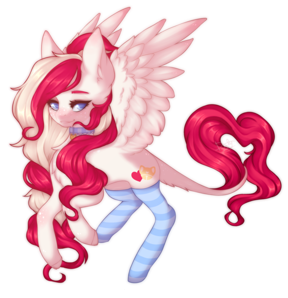 Size: 1450x1500 | Tagged: safe, artist:dusty-onyx, derpibooru import, oc, oc:lullaby melody, unofficial characters only, pegasus, pony, chest fluff, choker, clothes, female, looking at you, mare, simple background, socks, solo, striped socks, thigh highs, transparent background