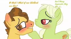 Size: 1200x668 | Tagged: safe, artist:redstreakboy, derpibooru import, grand pear, granny smith, pony, base used, blushing, blushing profusely, chest fluff, dialogue, pearsmith, shipping, young grand pear, young granny smith, younger