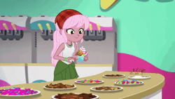Size: 800x450 | Tagged: safe, derpibooru import, screencap, raspberry lilac, bird, squirrel, equestria girls, equestria girls series, tip toppings, tip toppings: fluttershy, spoiler:choose your own ending (season 2), spoiler:eqg series (season 2), animal, animated, bandana, candy, clothes, cup, eating, female, flying, food, frozen yogurt, frozen yogurt machine, frozen yogurt shop, gif, gummy worm, jewelry, looking around, necklace, pink hair, run away, scared, shocked, sleeveless, table, tanktop, toppings