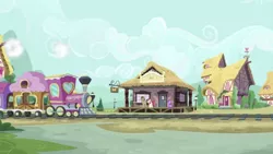 Size: 1334x750 | Tagged: safe, derpibooru import, screencap, amethyst star, doctor whooves, roseluck, time turner, earth pony, pony, dragon dropped, friendship express, ponies standing next to each other, train station
