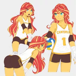 Size: 1791x1791 | Tagged: safe, artist:dragonemperror2810, derpibooru import, sunset shimmer, human, equestria girls, ass, ball, bend over, bent over, breasts, bunset shimmer, butt, clothes, exhausted, female, green eyes, gym shorts, happy, open mouth, panting, shorts, smiling, solo, sports, sporty style, sweat, volleyball