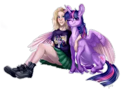 Size: 4000x2928 | Tagged: safe, artist:gaelledragons, artist:pixelkitties, derpibooru import, sci-twi, twilight sparkle, twilight sparkle (alicorn), ponified, alicorn, human, pony, boots, chest fluff, clothes, cloven hooves, commission, equestria girls ponified, female, hug, human female, one eye closed, scitwilicorn, shirt, shoes, simple background, smiling, transparent background, winghug