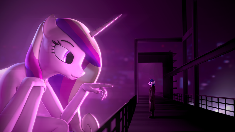 Size: 3840x2160 | Tagged: 3d, anthro, artist:apexpredator923, blade runner 2049, clothed male nude female, derpibooru import, female, hologram, macro, male, micro, princess cadance, shining armor, shiningcadance, shipping, source filmmaker, straight, suggestive